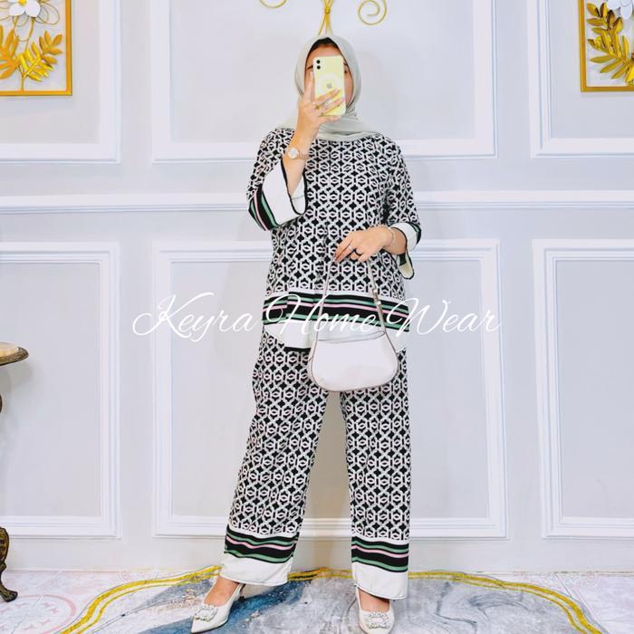 Promo Best Keyra Pajamas Kulot One Set Kemeja Lengan 7/8 Rayon Motif Busui Nyaman Adem Celana Panjan