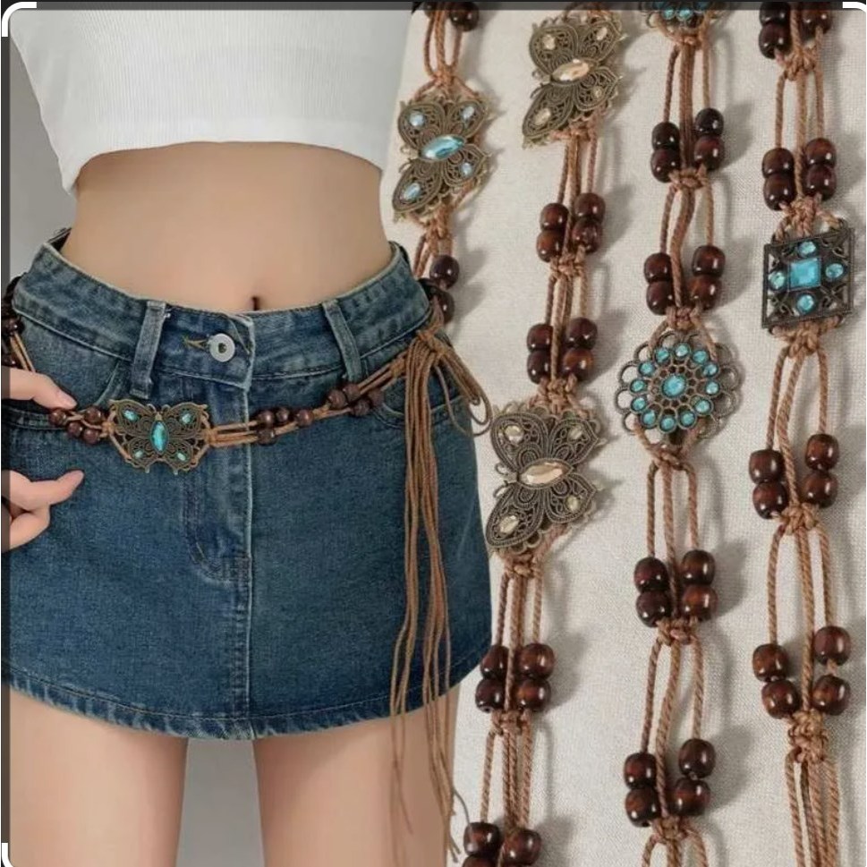 PM88 Ikat Pinggang Belt Sabuk Tali Bohemia Rumbai Manik Kupu Round Vintage Fairy Etnik