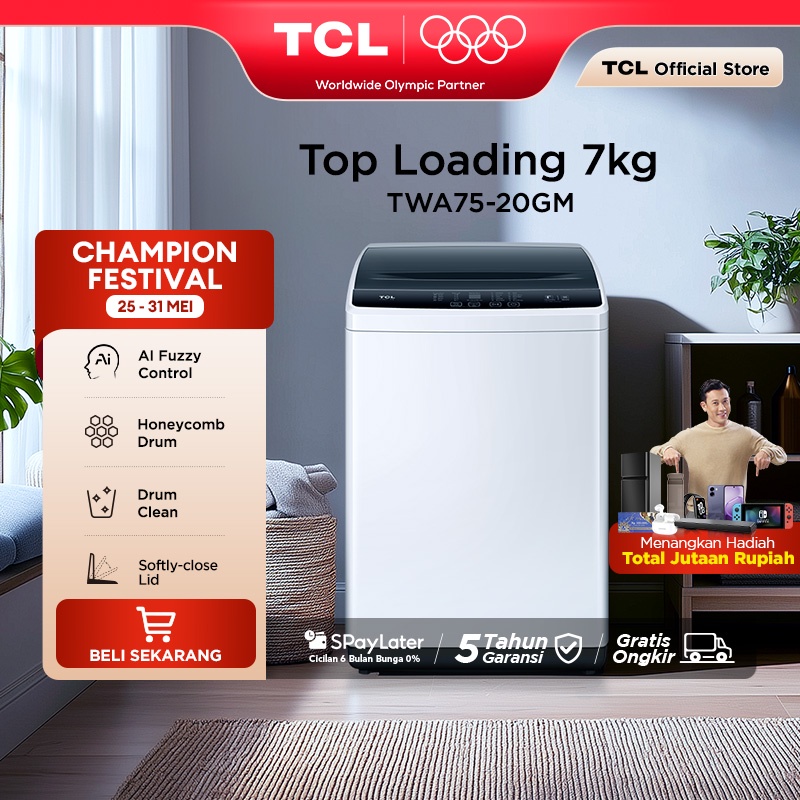 TCL Mesin Cuci 1 Tabung - Top Loading 7 KG - Honeycomb Crystal Drum - Auto Cleaning - Eight Wash Pro