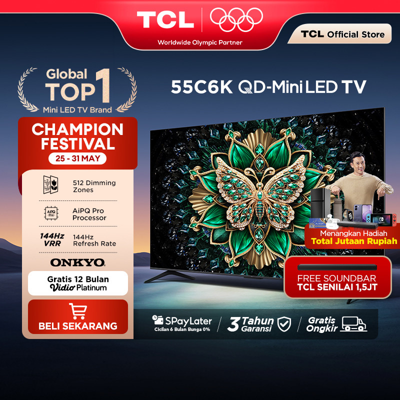 TCL 55 Inch QD-Mini LED TV C6K - Halo Terminator - Onkyo 2.1 - 144Hz - HVA Panel - Energy Saving - G