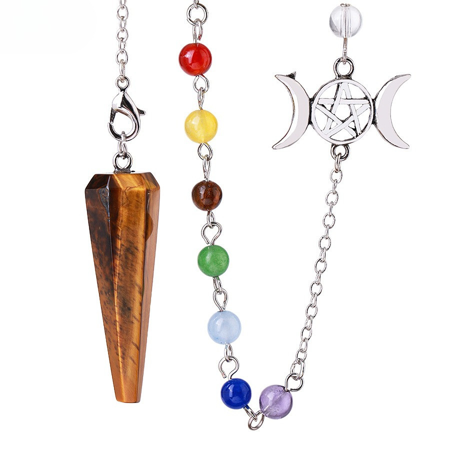 CSJA batu alam pendulum batu semi mulia kerucut panjang, rantai pendulum warna-warni, liontin bulan 