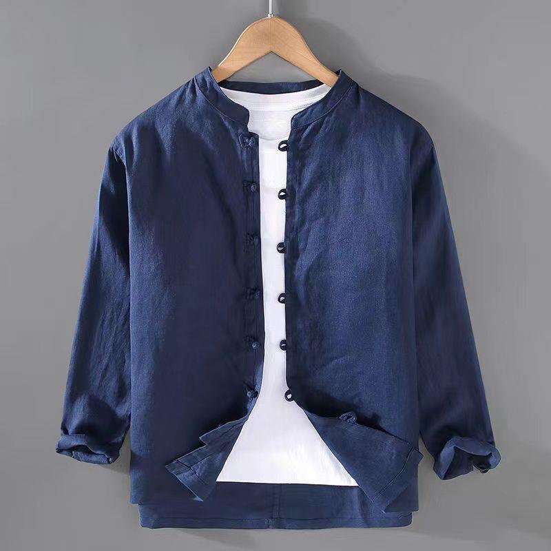 Kemeja kancing ramie lengan panjang dan linen pria kerah berdiri kemeja linen longgar