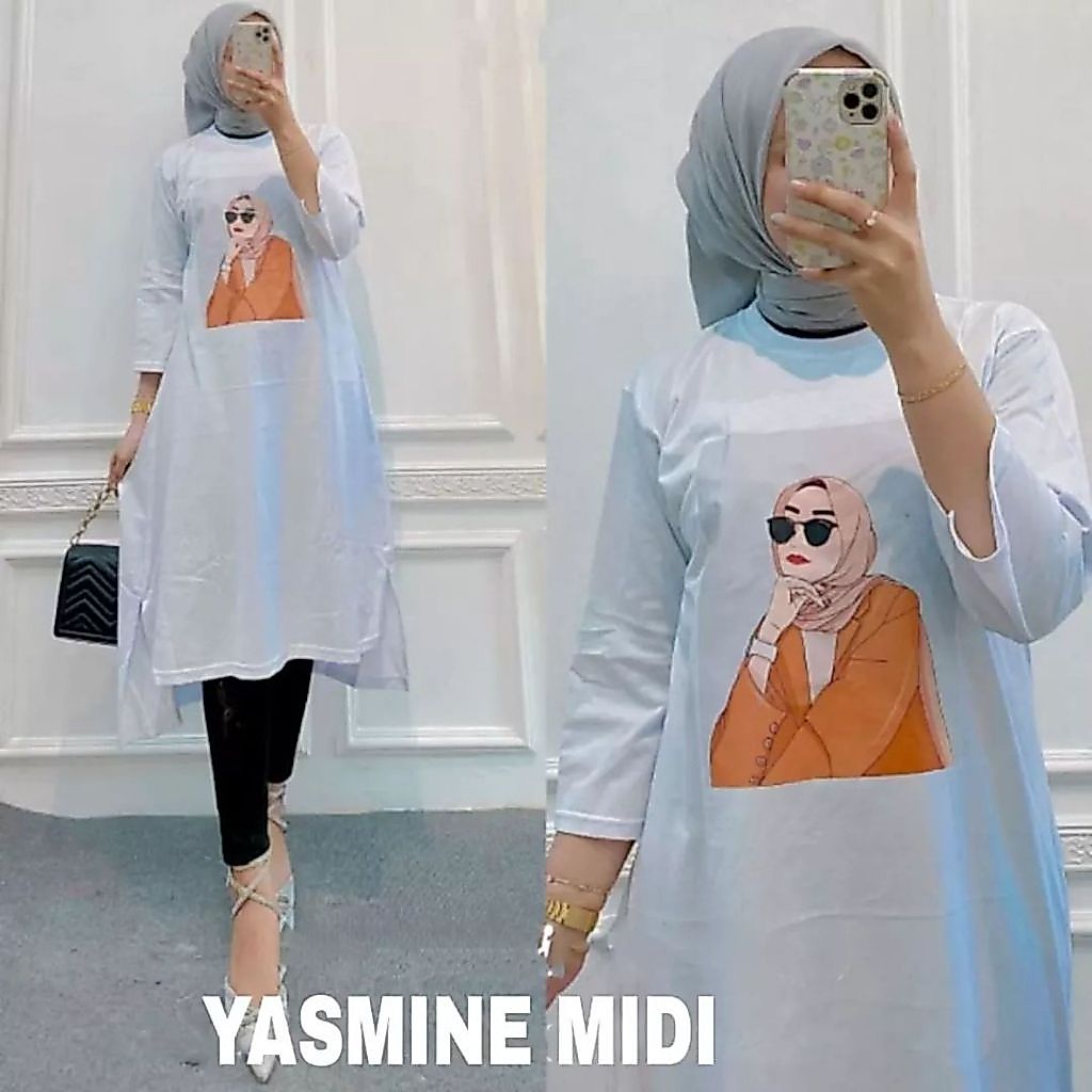 Yasmine Midi Dress BO Bahan Kaos Katun Combed 24s Aplikasi Sablon Ld 90 - 130 Cm Size S - 3XL Long T
