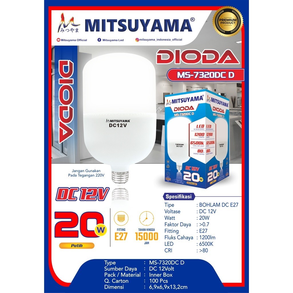 DIODA Lampu Bohlam AKI / DC LED Mitsuyama Tenaga AKI / DC 12V 5 WATT - 50 Watt Putih seri