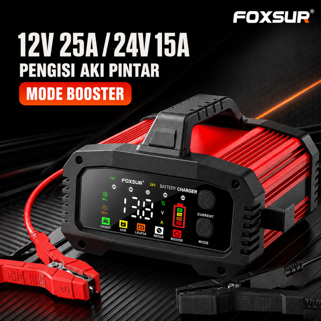 Charger Aki Foxsur 12V 24V Otomatis 25A/15A Smart 8 Tahap Aki Mobil Motor