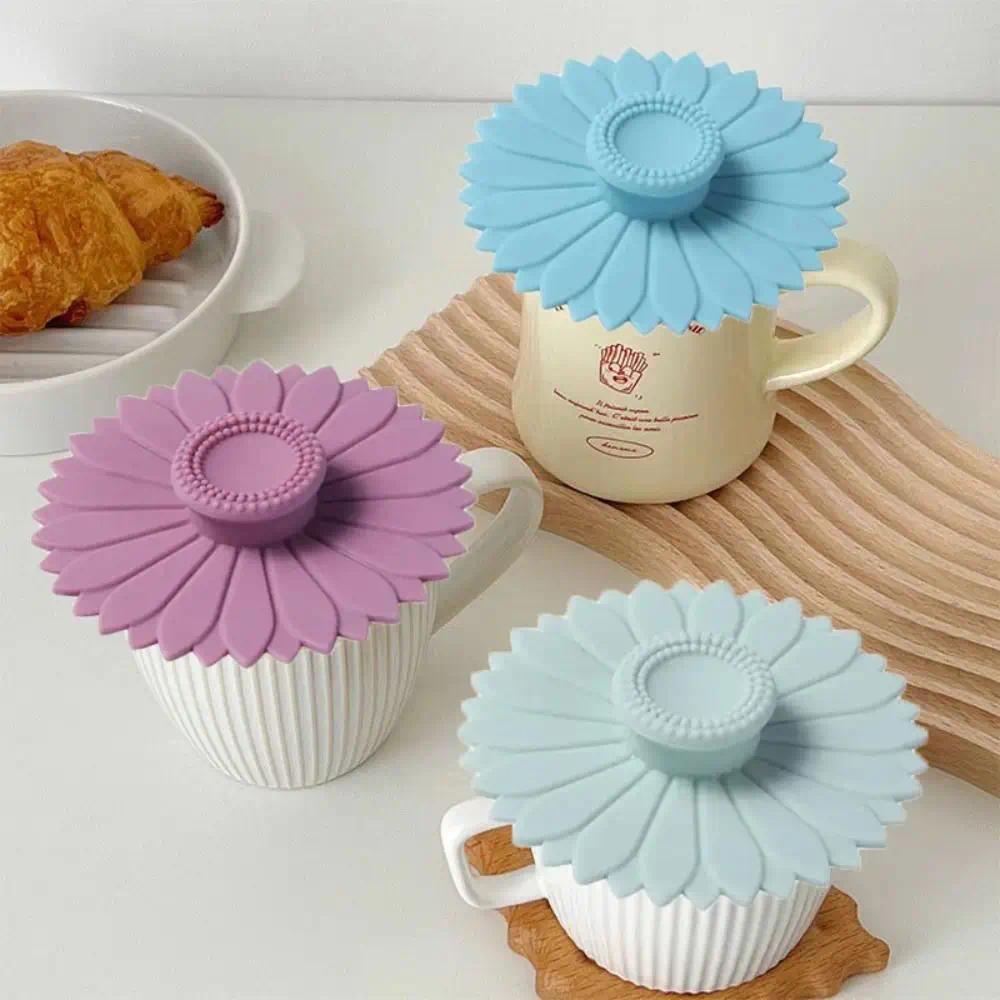 Seamless Sunflower Silicone Cup Lid Cup Accessories with Handle Sealed Cup Cover Dust-proof Leakproo