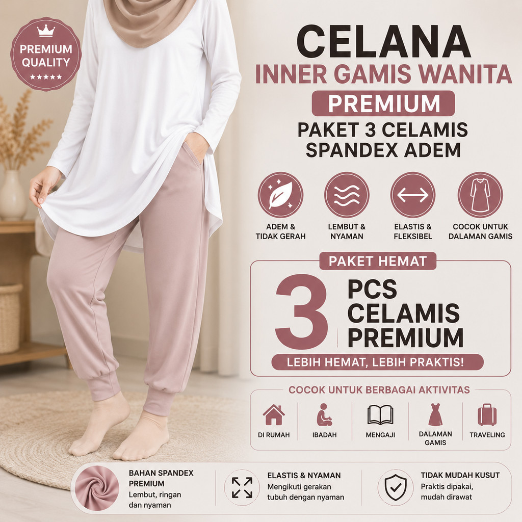 Celana Inner Gamis Wanita Premium | Paket 3 Celamis Spandex Adem