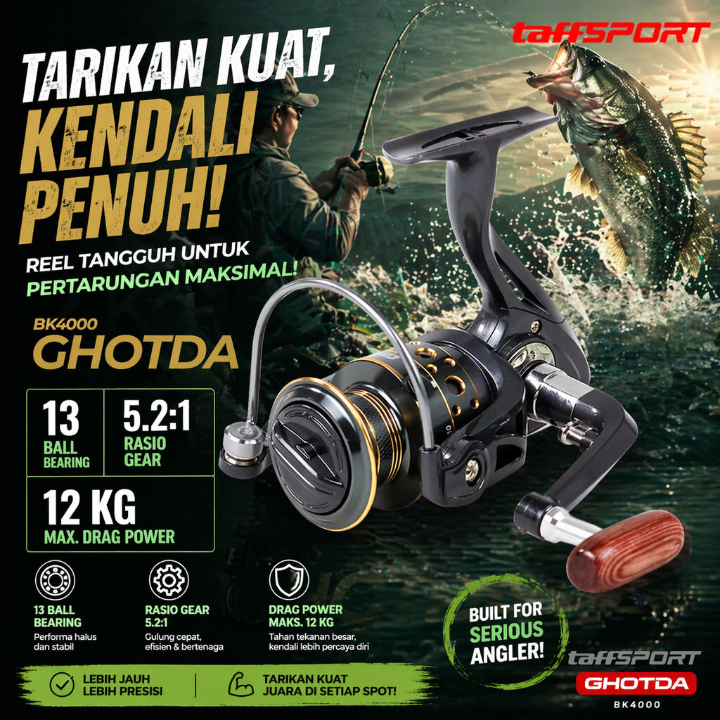 SD1 TaffSPORT GHOTDA Reel Pancing Spinning Fishing Reel 5.2:1 4000 - BK4000