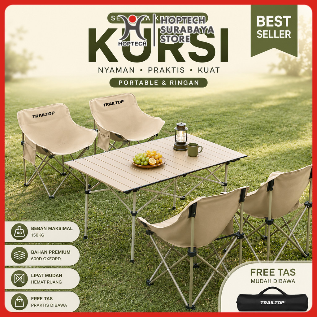 Hoptech SRBY - Meja Lipat Outdoor & Kursi Lipat Portable Lengkap | Set Meja Kursi Camping Piknik San