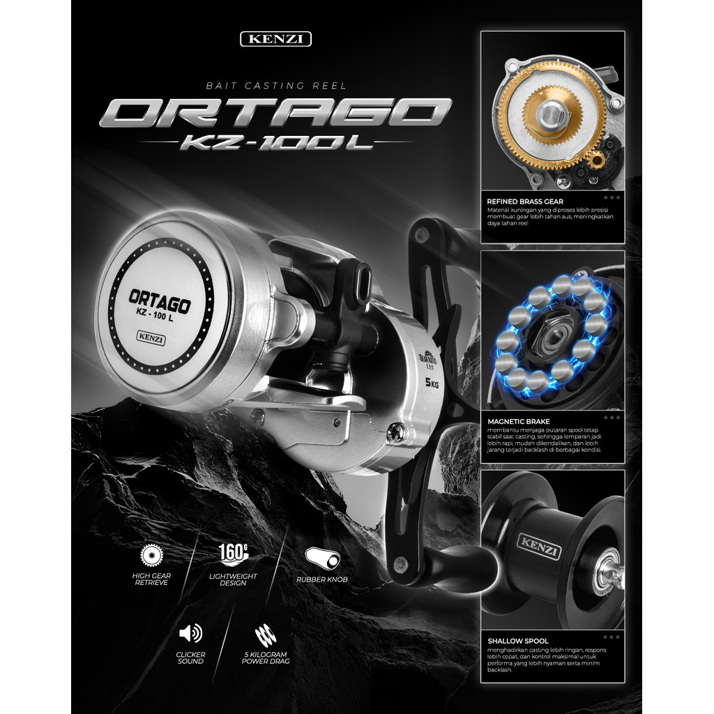 Reel BC KENZI ORTAGO 100L Baitcasting Reel Round Profile Shallow Spool Left Handle