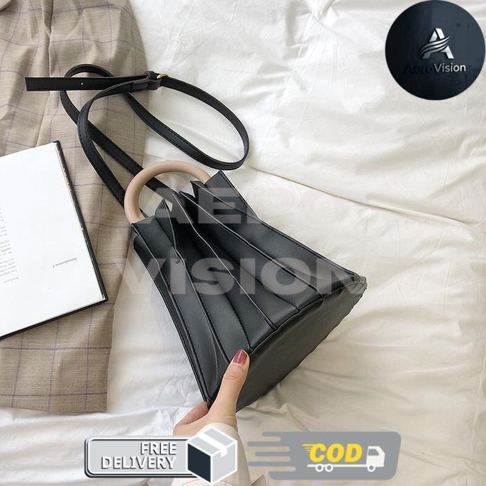 Mores Tas Selempang plisket wanita Import Premium Pleated Woman Korean Slingbag Top Handle Bag Hitam