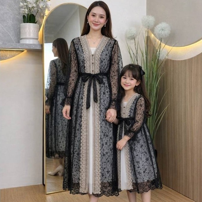 Set 2in1 Outer Brukat Premium Long Cardigan Lace Tulle Luxury - Luaran Gamis Kondangan Modern