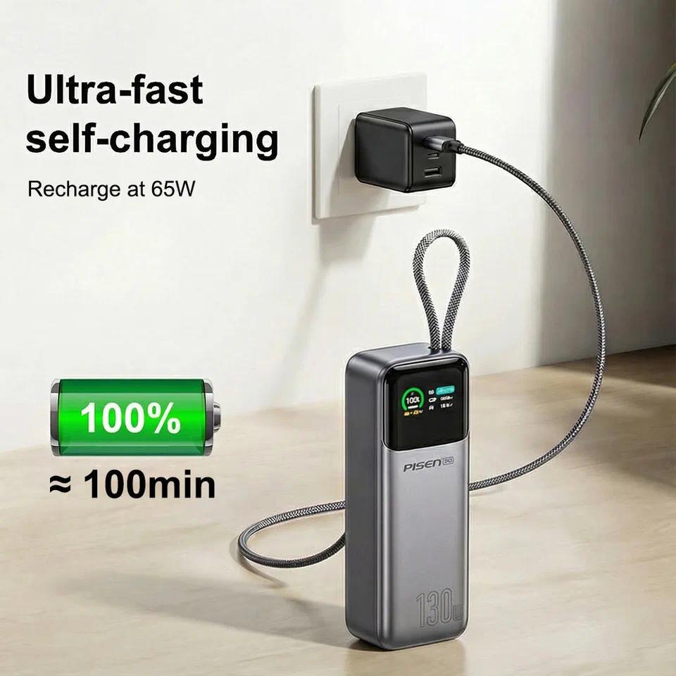 PISEN 130W Tablets Super Fast Charging Power Bank 20000mAh With Type C Cable External Battery for La