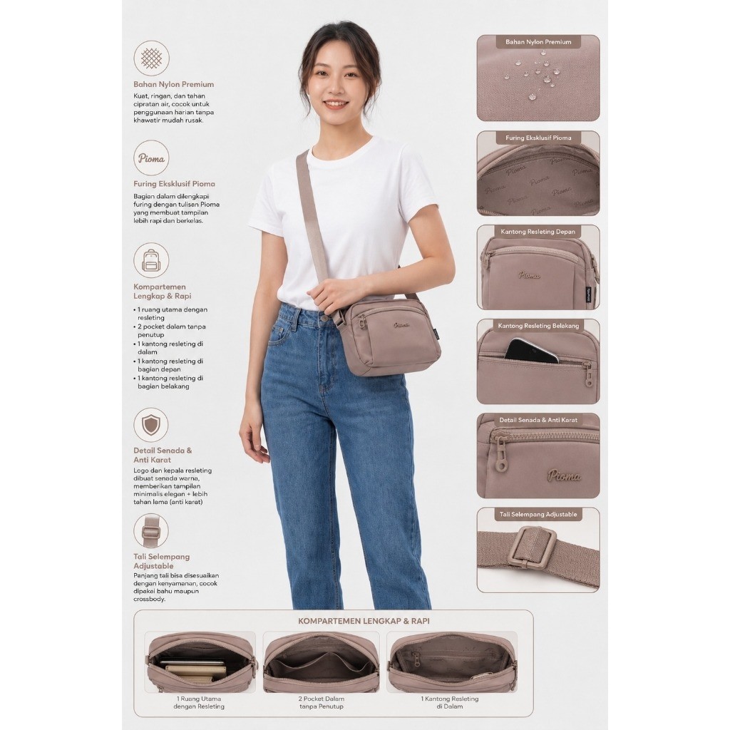 PIOMA Arvia Tas Selempang Wanita Sedang Nylon Waterproof Tas Sling Bag Simple Elegan Kekinian
