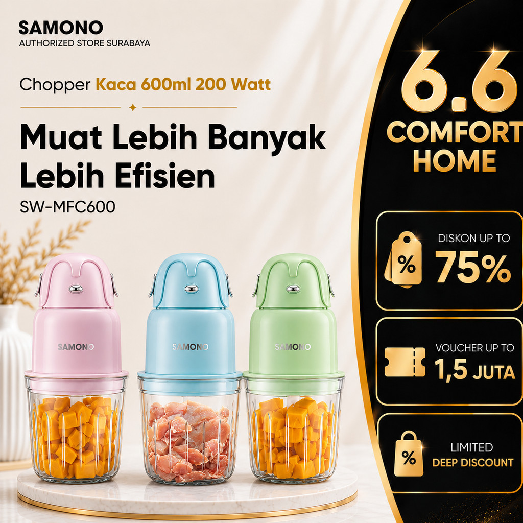 SAMONO Chopper 600ml Kaca Food Grade 200 Watt 8 Pisau SW-MFC600  Penggiling Penghalus Daging Bumbu M