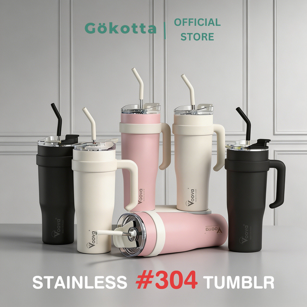 GOKOTTA Tumbler Termos Air Panas Dingin 1250ml - Botol Minum Besar Dengan Gagang & Sedotan Stainless