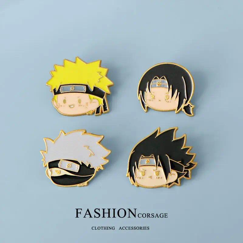 Lencana Naruto yang Menggambarkan Naruto, Sasuke, Kakashi, Mink, Bros Anime, Pin Kartun Logam Anime