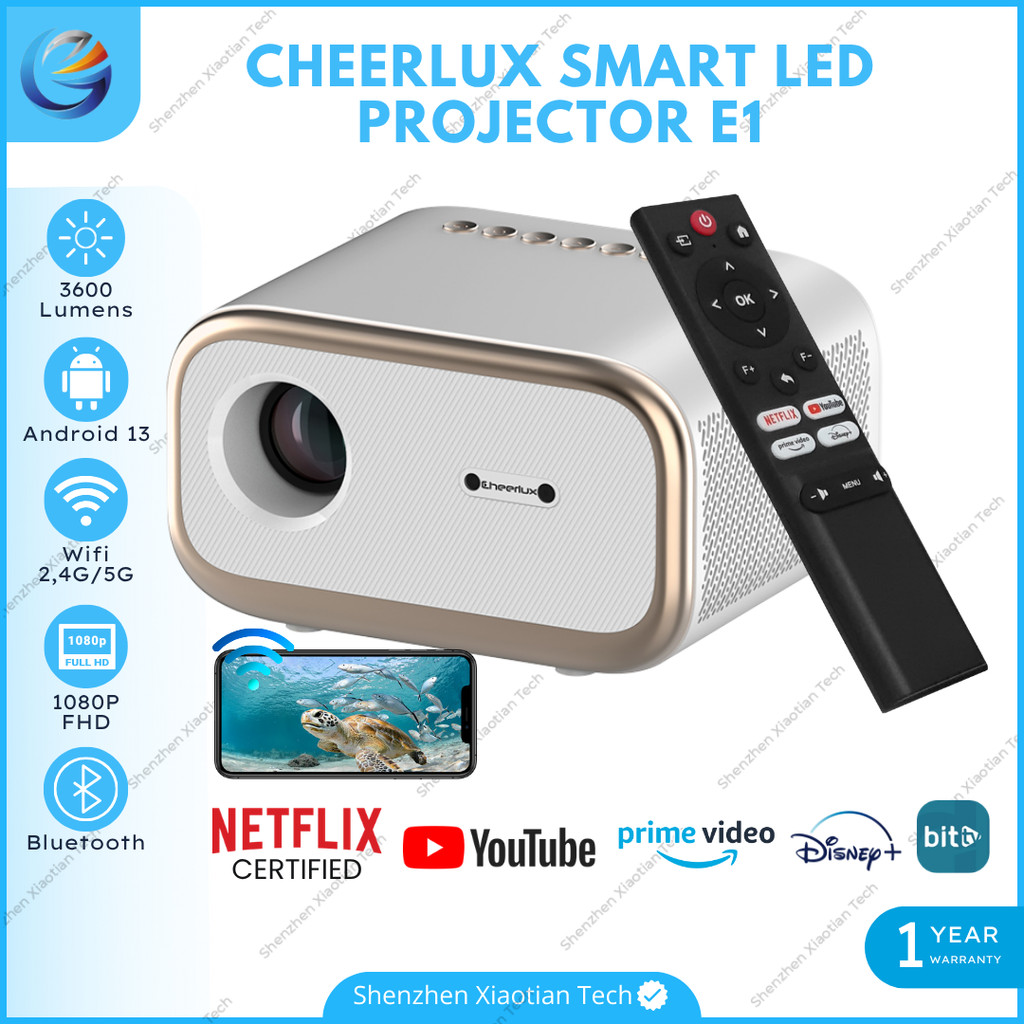 Smart Proyektor Mini Cheerlux E1 Android 13.0 Netflix Certified 3600 Lumens Auto Focus | Proyektor M