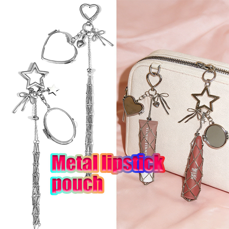 Tas lipstik Tas jala lipstik Case lipstik keychain Rantai Aesthetic cermin mini berbentuk Love atau 
