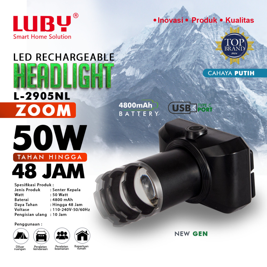 LUBY Headlamp Senter Kepala Zoom In Zoom Out Perbesar Perkecil 50 Watt L 2905