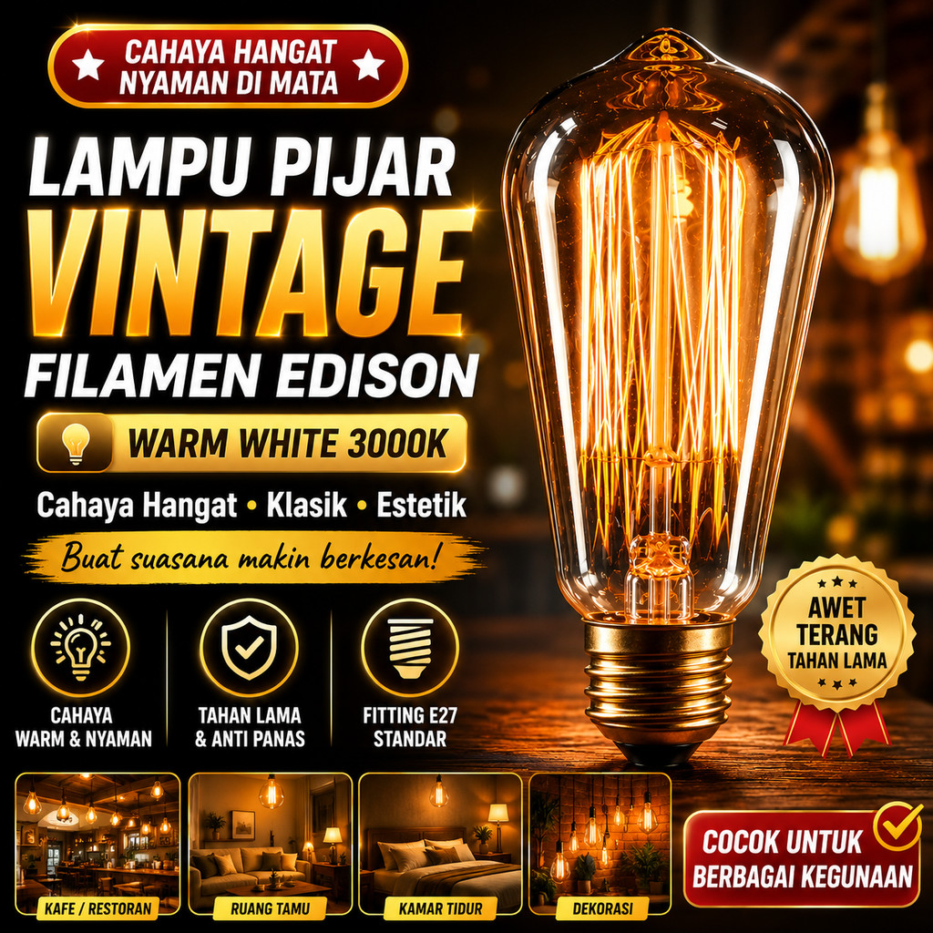 Lampu Pijar Real Filamen Vintage Model Jadul Watt Besar Bohlam Edison E27 Warm White 3000K Lampu Kaf