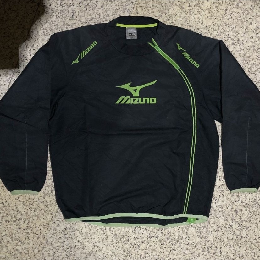 Mizuno Vintage Windbreaker Jacket Black Lime Green Diagonal Zip Men's Size L JASPO
