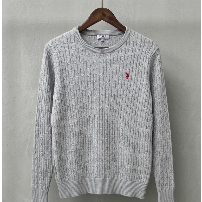 Sweater US Polo Assn USPA Cableknit Rajut Full Kepang Grey