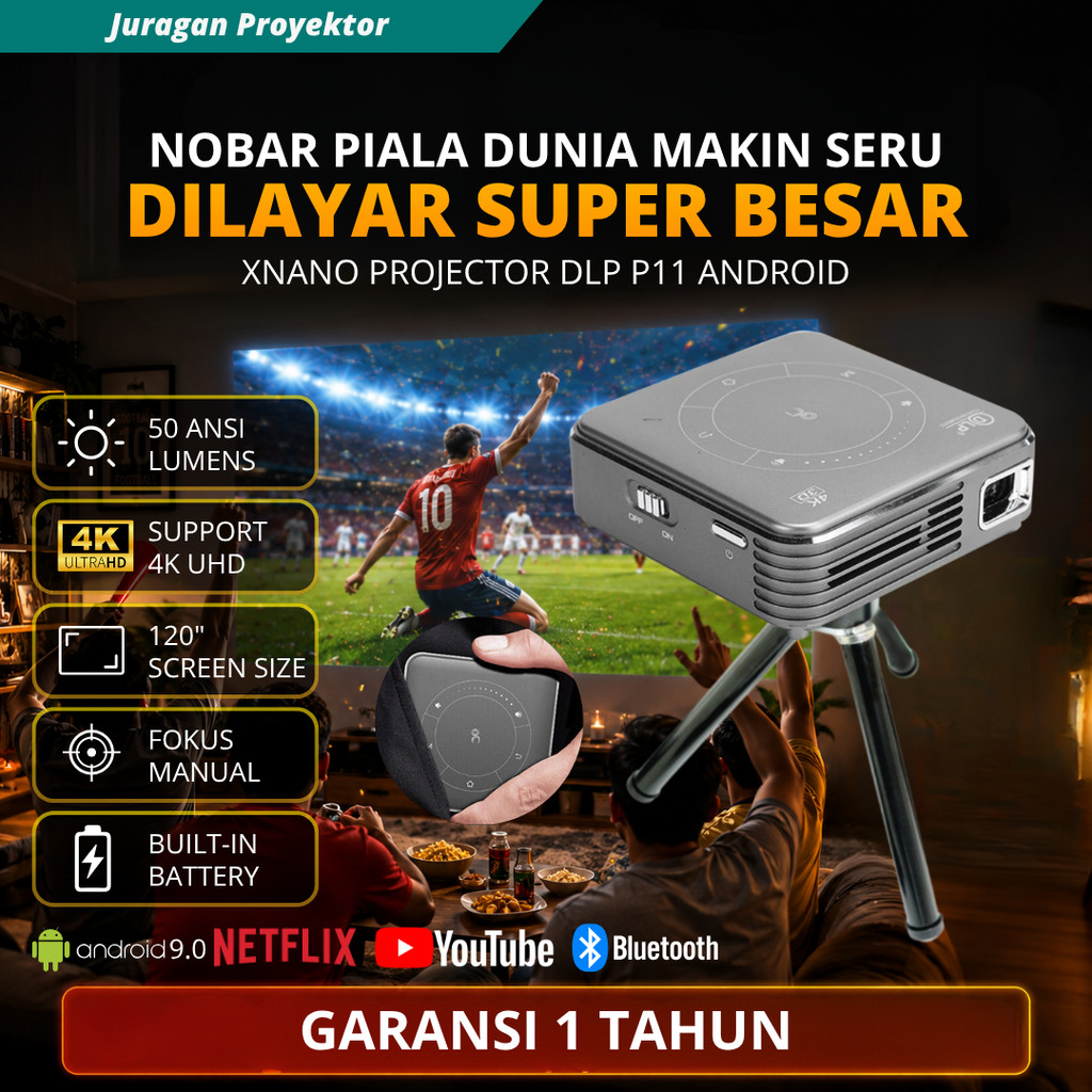 Smart Mini Proyektor DLP P11 Android Wifi Built In Battery 50Ansi Lumens  2GB/16GB | Proyektor Mini 