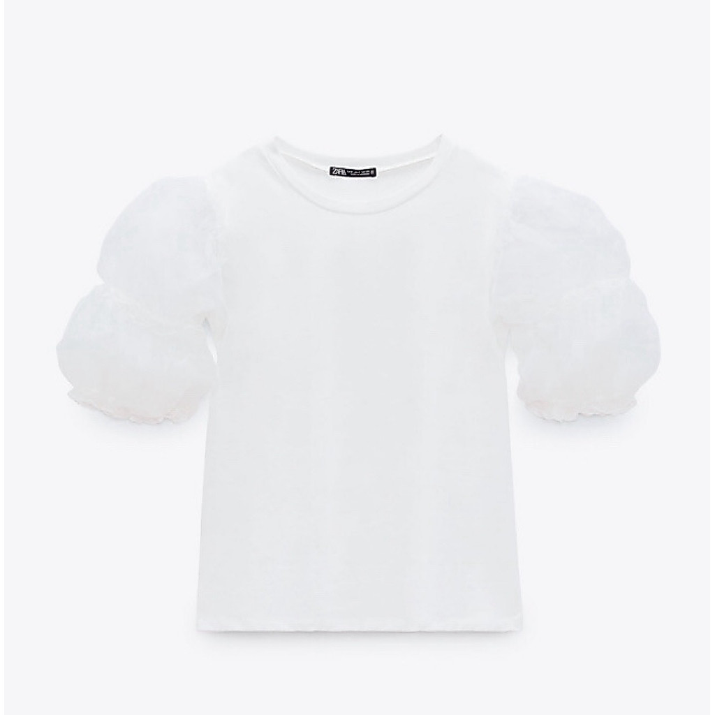 PL ZARA white top with organza balloon sleeve