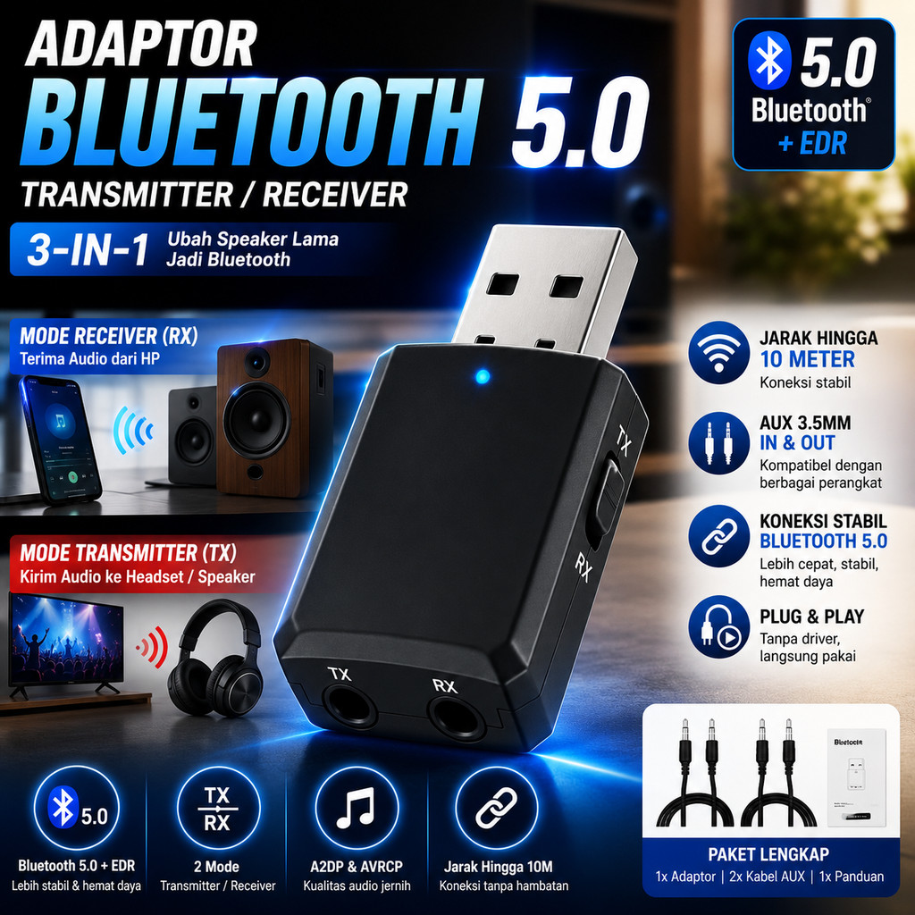 Bluetooth 5.0 Transmitter Receiver 2in1 AUX 3.5mm USB Dongle Adapter Mode TX RX 10M Range A2DP AVRCP