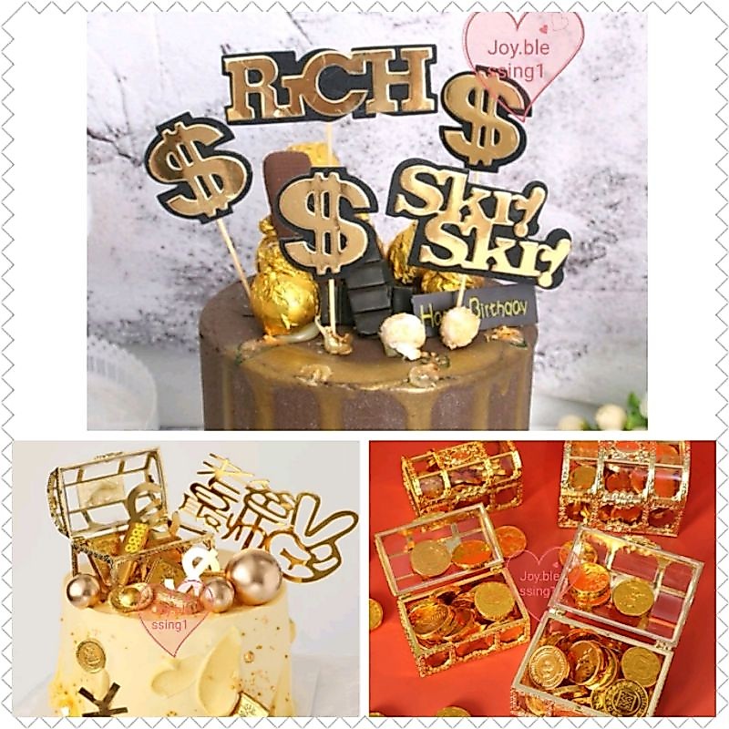TOPPER CAKE DOLLAR/koin harta karun/TOPPER akrilik UANG DOLLAR (1 set 3 pcs)/KOTAK EMAS/TOPPER AKRIL
