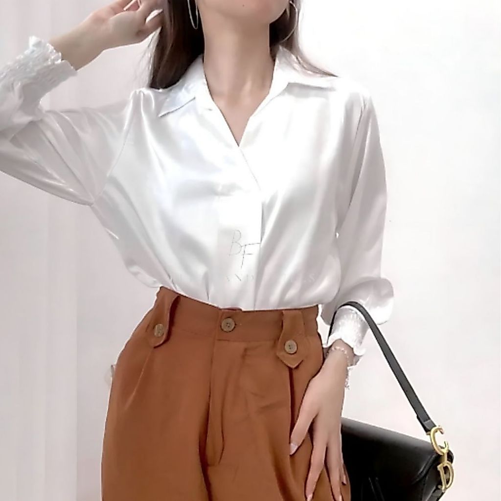 [Satin] KARA Blouse V Neck / Blus Kerah Kerja / Atasan Wanita Kantor / Kemeja Kerah V Formal 0319-A 