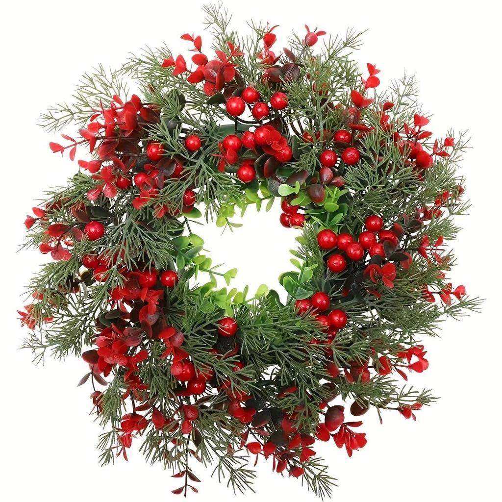 1Pc Artificial ristmas Red Berry Wreath, Front Door, ristmas Wreath Wall, Green Leaf Artificial Red 