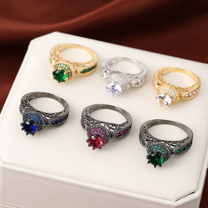 Perdagangan luar negeri mode baru gaya pengadilan mewah perhiasan cincin ceruk zirkon warna bertatah