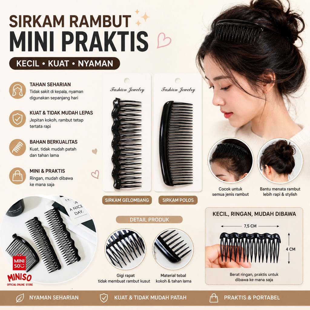 MINISO BALI | Sirkam Rambut Polos Wanita / Sirkam Sanggul Cepol Poni / Aksesoris Styling Rambut