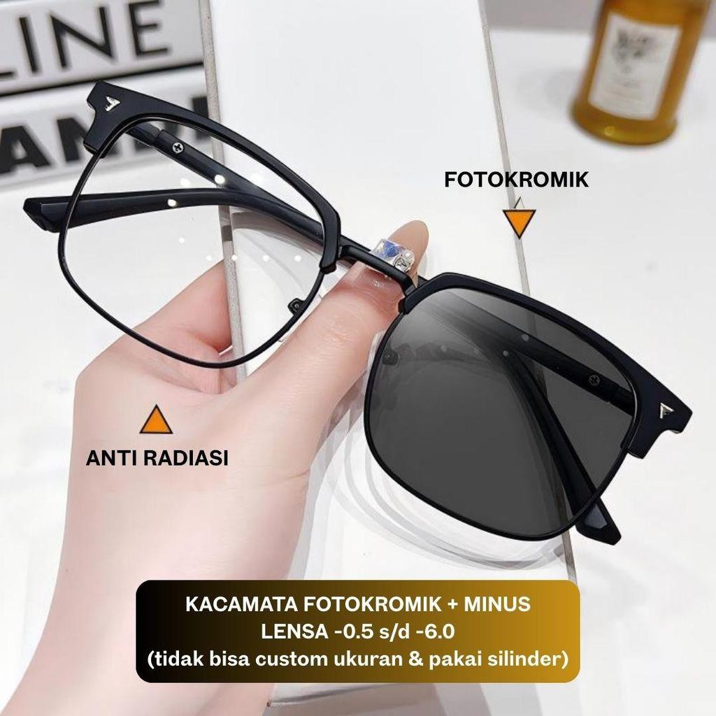 Kacamata Gaya 2 Fungsi Lensa Fotokromik + Minus -0.5 s/d -6.0 Tanapa Silinder Anti Sinar Biru Anti R