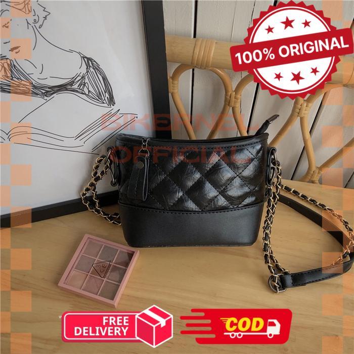 Tas Selempang Mini Wanita Gabrielle Slingbag Black Import Shoulderbag Hitam Putih Tali Rantai Mewah 