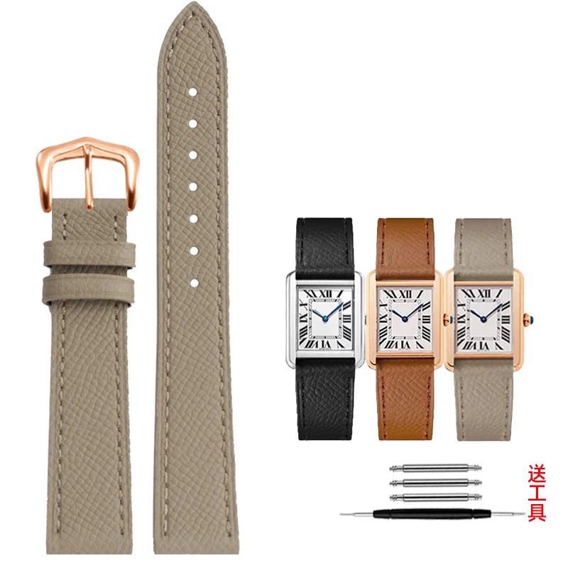 Tali jam tangan kulit sapi untuk Cartier Tank SOLO London Clé ukuran 14 16 18 20mm warna hitam cokla