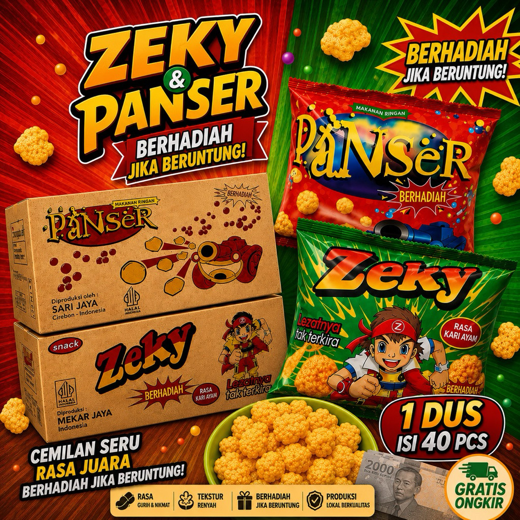 1 Dus Ciki Berhadiah JIKA BERUNTUNG Chiki Ciki Zeky Panser isi 40 Pcs, Cocok untuk Camilan Keluarga