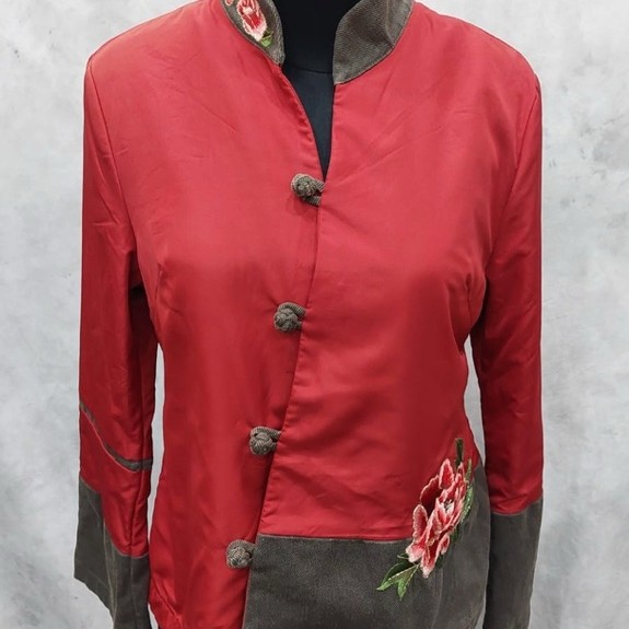 Atasan cheongsam tebal lengan panjang merah maroon