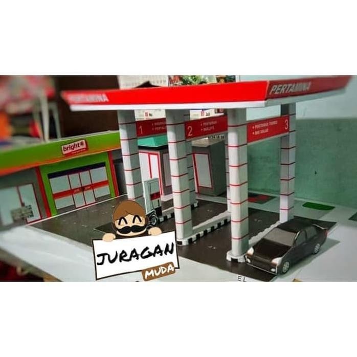 Diy Miniatur Papercraft Spbu Pertamina Plus 2 Totem Merah Dan Biru