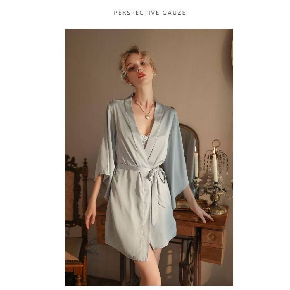 Baju Tidur Wanita Lingerie Kimono Ikat All Size Bathrobe Sutra Ungu