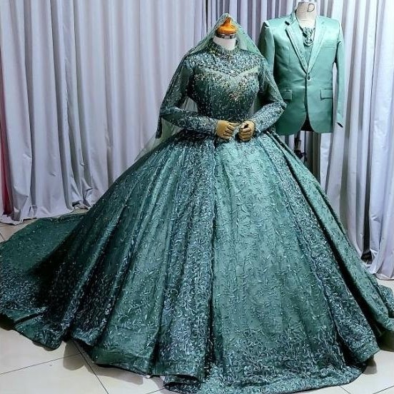 Free Ongkir Sepasang Gaun Pengantin Hijau Wardah Lengkap Jas