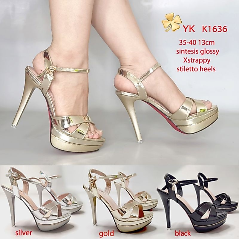 YKshoes 1636 heels 13cm strappy sepatu hak tali silang black silver gold sintesis glossy PU 1711