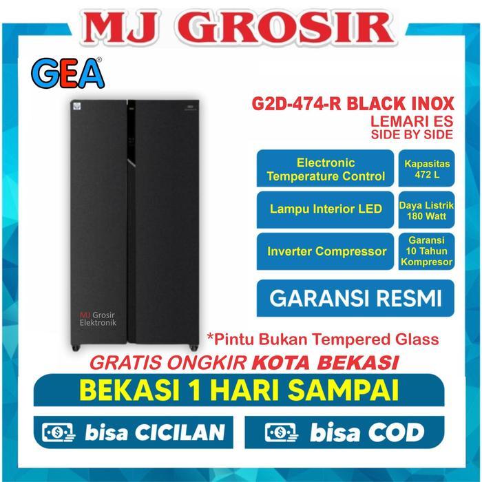 KULKAS GEA G2D 472 BLACK GLASS / 472 BLACK INOX LEMARI ES 2 PINTU G2D-472 G2D472 SIDE BY SIDE - GEA 