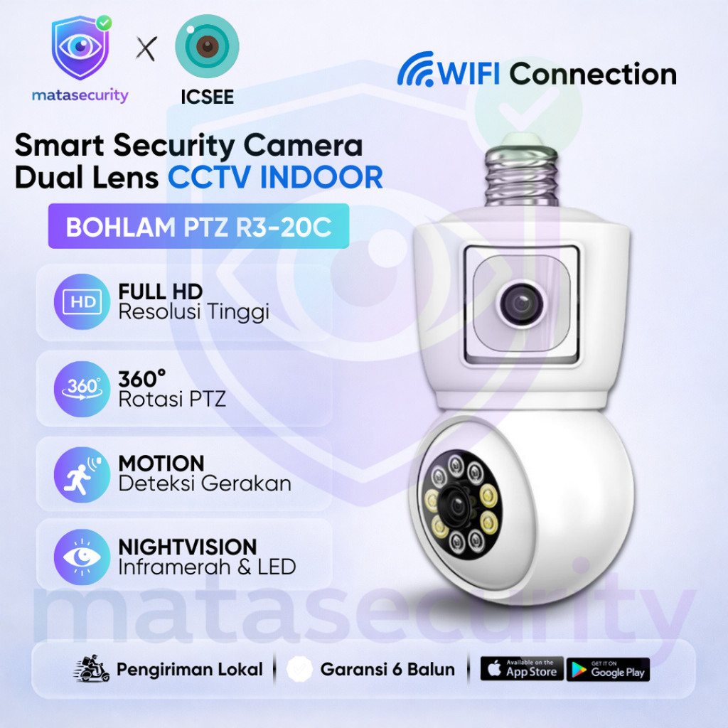 CAMERA CCTV WiFi Bohlam Dual Lensa Night Vision Audio 2 Arah Pantau dari HP Mudah Dipasang Thunderin