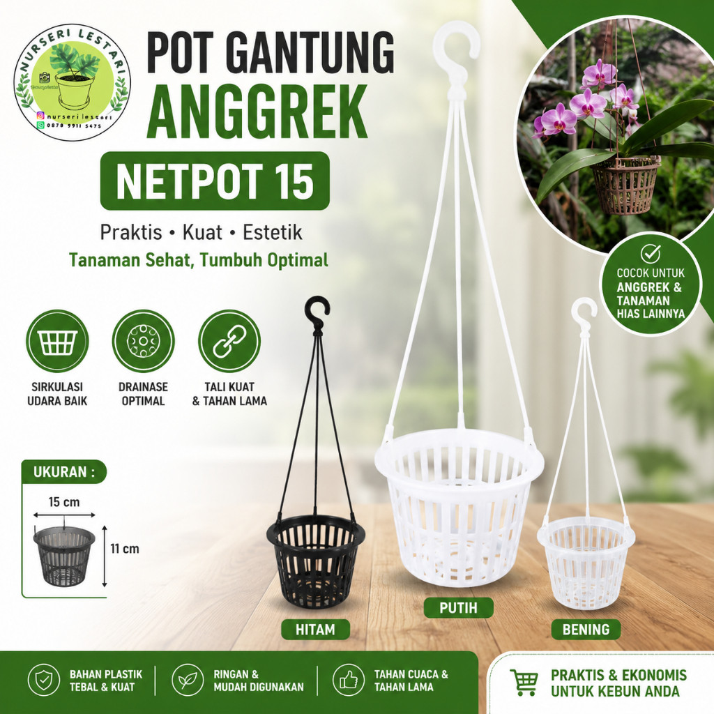 Pot Gantung Plastik Anggrek Netpot NKT 15 Good Quality - HITAM / PUTIH / BENING