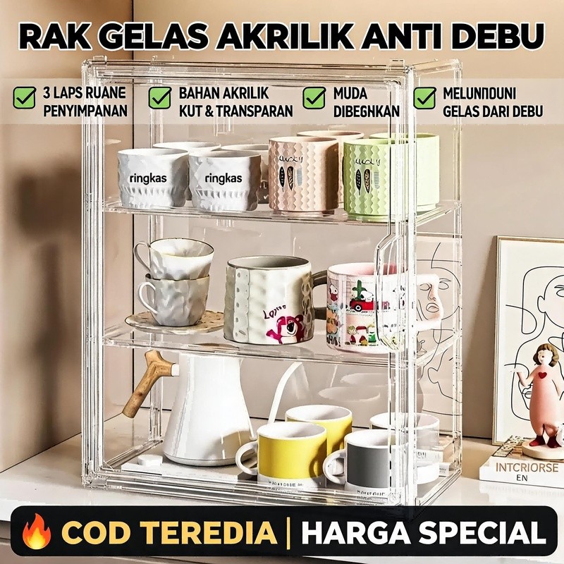 Kotak Penyimpanan Gelas Anti Debu / Kotak Akrilik Transparan / Rak Serbaguna Desktop / Kotak Penyimp