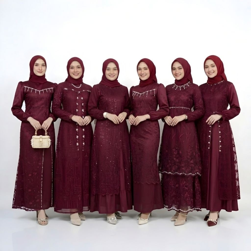 Gamis Brokat Pesta Warna Merah Maroon Dress Mewah Modern Baju Bridesmaid Mewah Cl