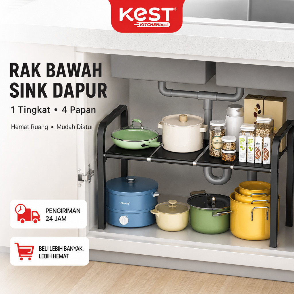 KEST Rak Bawah Wastafel Dapur Kamar Mandi 3/5 Tingkat Extendable, Rak Penyimpanan Kabinet Double Lay